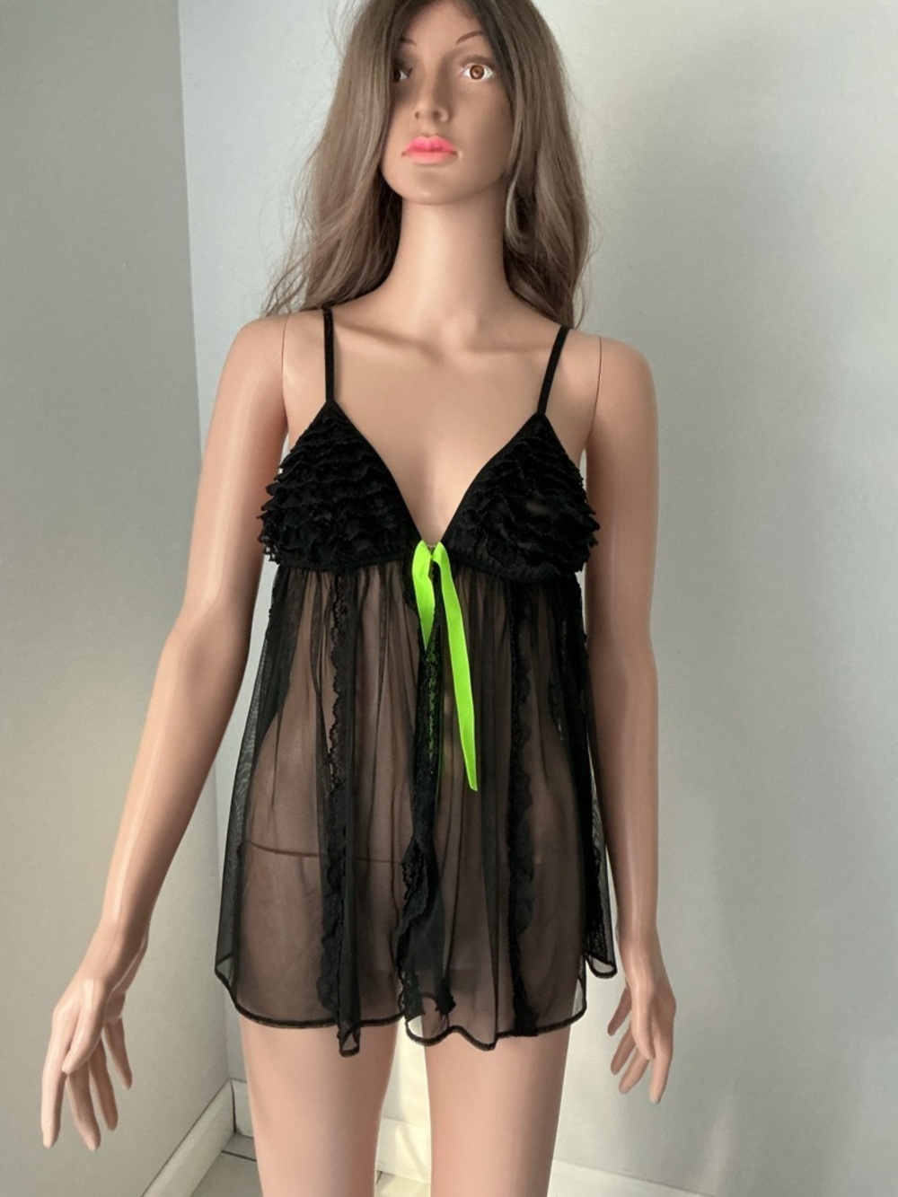 Victoria's Secret Black Sheer Babydoll Chemise with Neon Green Bow